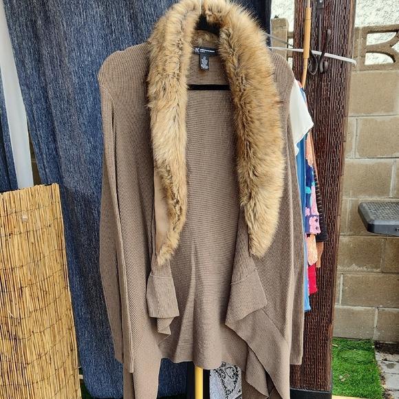 INC International Concepts Womens  Front Cardigan Sweater Faux Fur Trim Taupe 2X - Picture 5 of 10